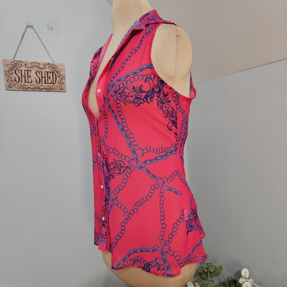 Sweet Pea Pink Sleeveless Button Down Blouse Gathered Button Back Tunic Small - Picture 4 of 13